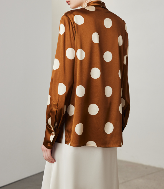 satin polka-dot blouse with draped tie-neck – LUMINA