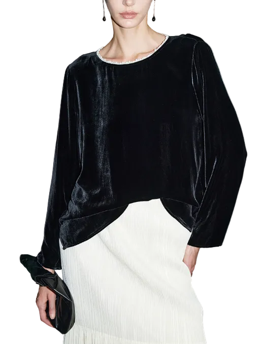 velvet blouse with pearl-trim neckline – NOIRELLE