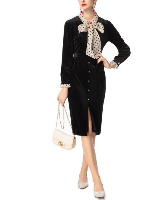 velvet midi dress with polka-dot bow tie – ARCELIA