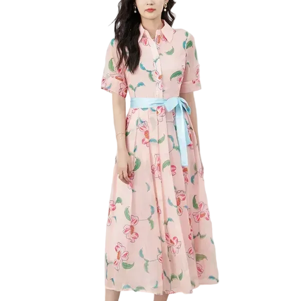 floral shirt maxi dress with contrast waist tie – BLOSSIA