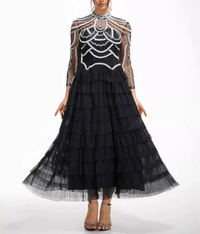 embellished high-neck tulle maxi dress with tiered skirt – SERAPHINA