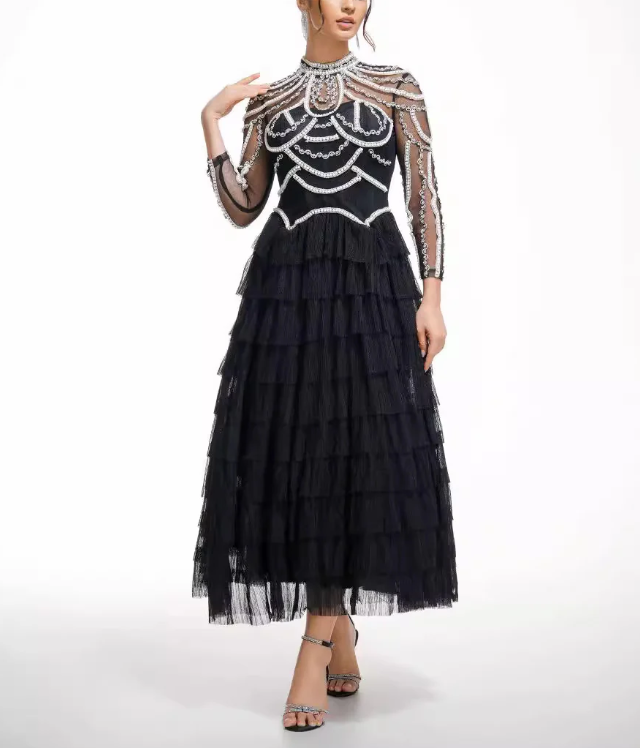 embellished high-neck tulle maxi dress with tiered skirt – SERAPHINA