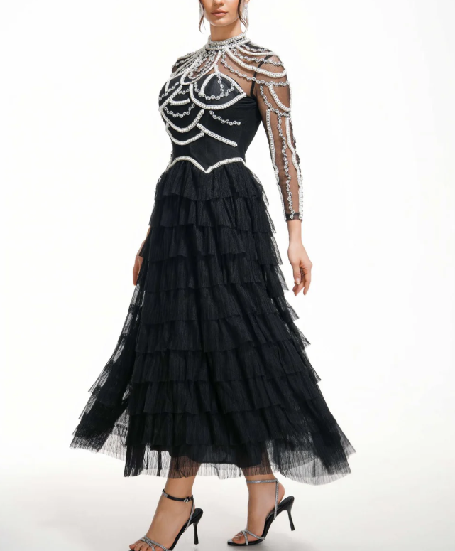 embellished high-neck tulle maxi dress with tiered skirt – SERAPHINA