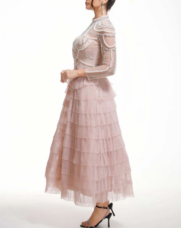embellished high-neck tulle maxi dress with tiered skirt – SERAPHINA