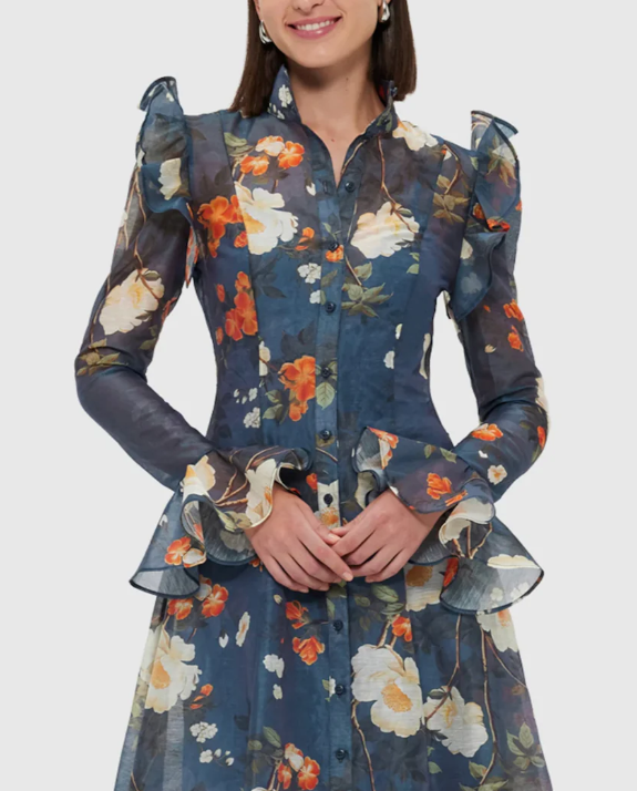 floral chiffon midi dress with puffed shoulders and belt – LEDILA