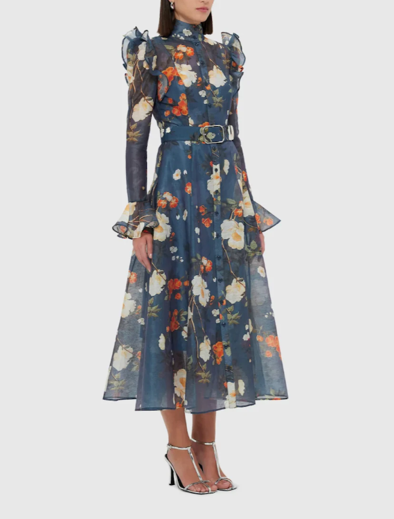 floral chiffon midi dress with puffed shoulders and belt – LEDILA