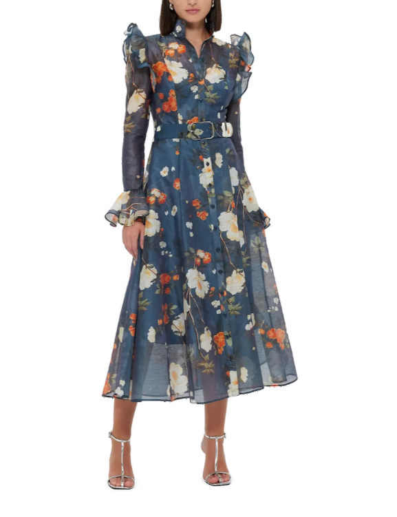 floral chiffon midi dress with puffed shoulders and belt – LEDILA