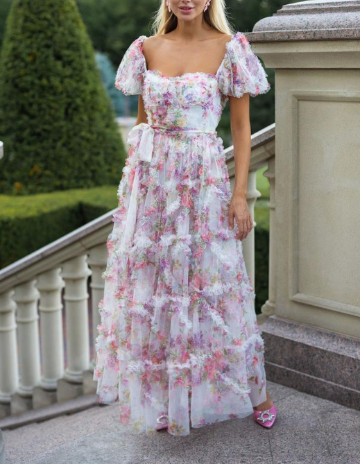 floral tulle midi dress with puff sleeves and waist tie – ELIORA