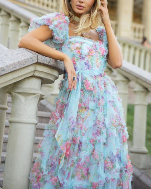 floral tulle midi dress with puff sleeves and waist tie – ELIORA