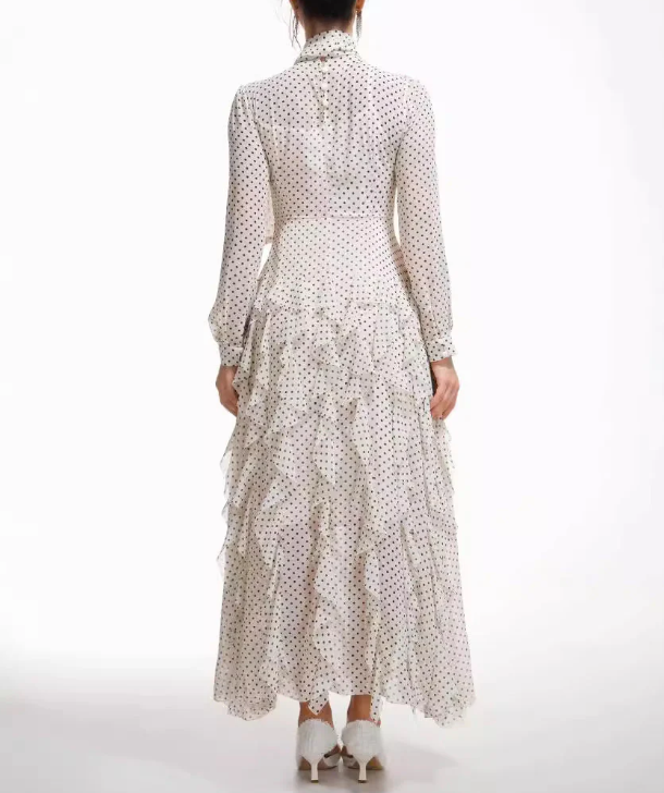 polka-dot chiffon maxi dress with tie-neck and tiered ruffles – ISOLDE