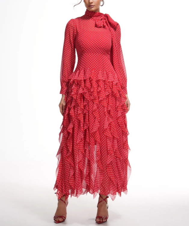 polka-dot chiffon maxi dress with tie-neck and tiered ruffles – ISOLDE