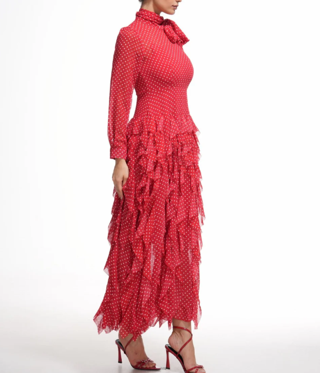 polka-dot chiffon maxi dress with tie-neck and tiered ruffles – ISOLDE