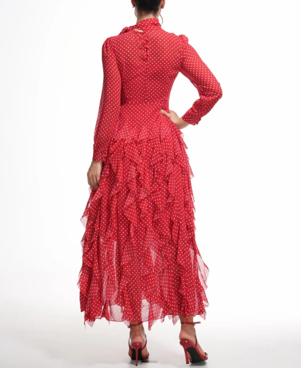 polka-dot chiffon maxi dress with tie-neck and tiered ruffles – ISOLDE