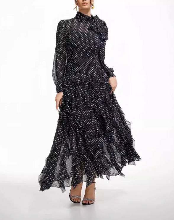 polka-dot chiffon maxi dress with tie-neck and tiered ruffles – ISOLDE