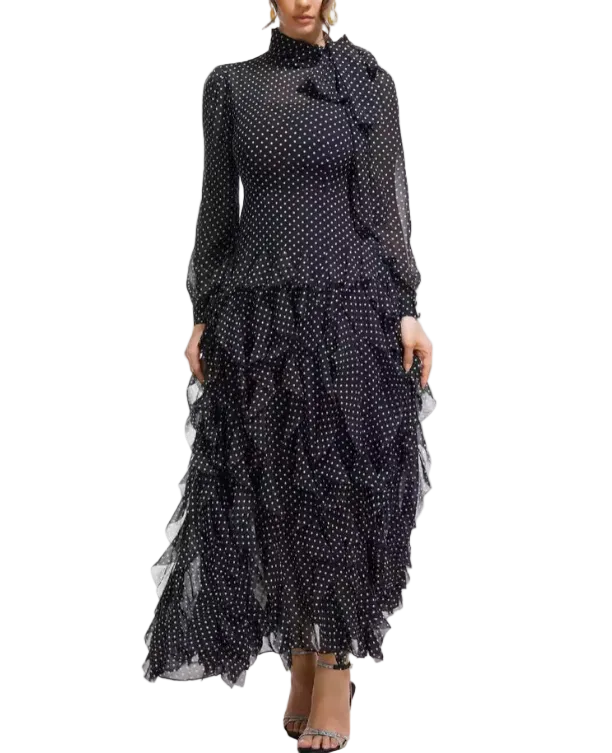 polka-dot chiffon maxi dress with tie-neck and tiered ruffles – ISOLDE