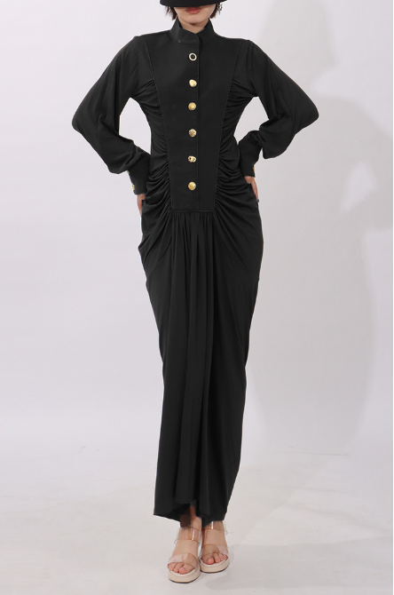 structured ruched maxi dress with gold accents – AURELIA