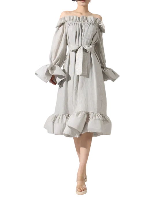 off-shoulder midi dress with ruffled hem and tie waist – PEACH