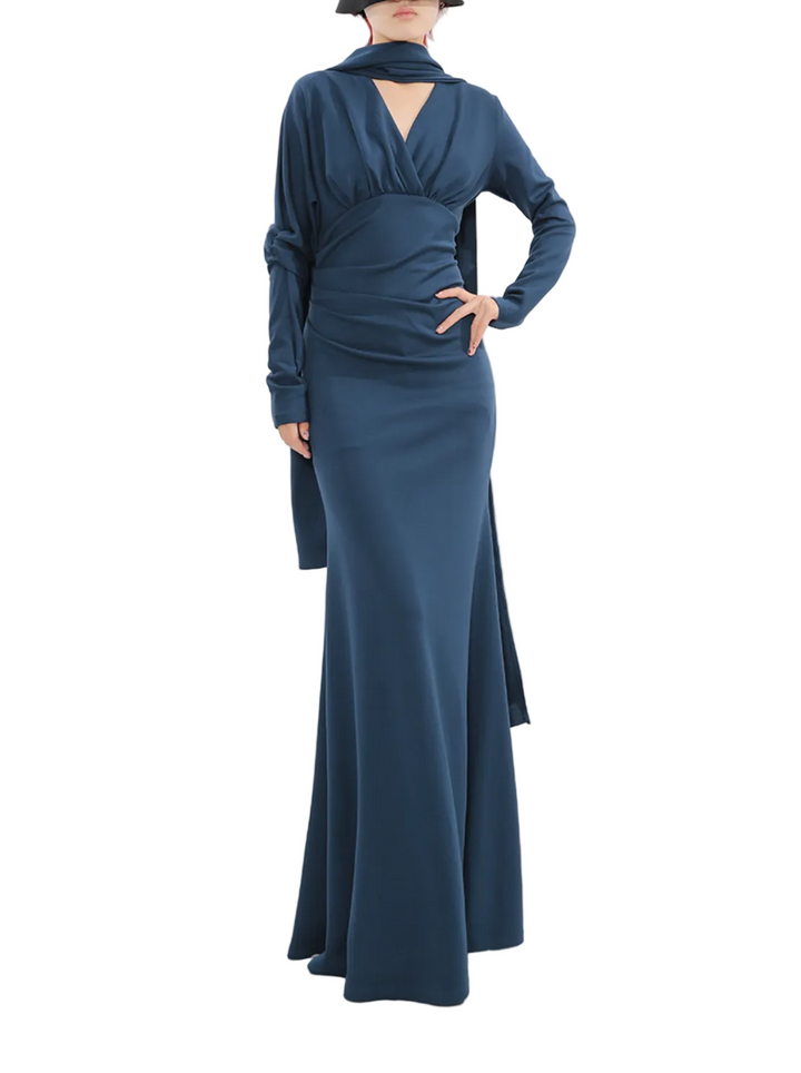long-sleeve draped maxi dress with scarf neckline – VEIL