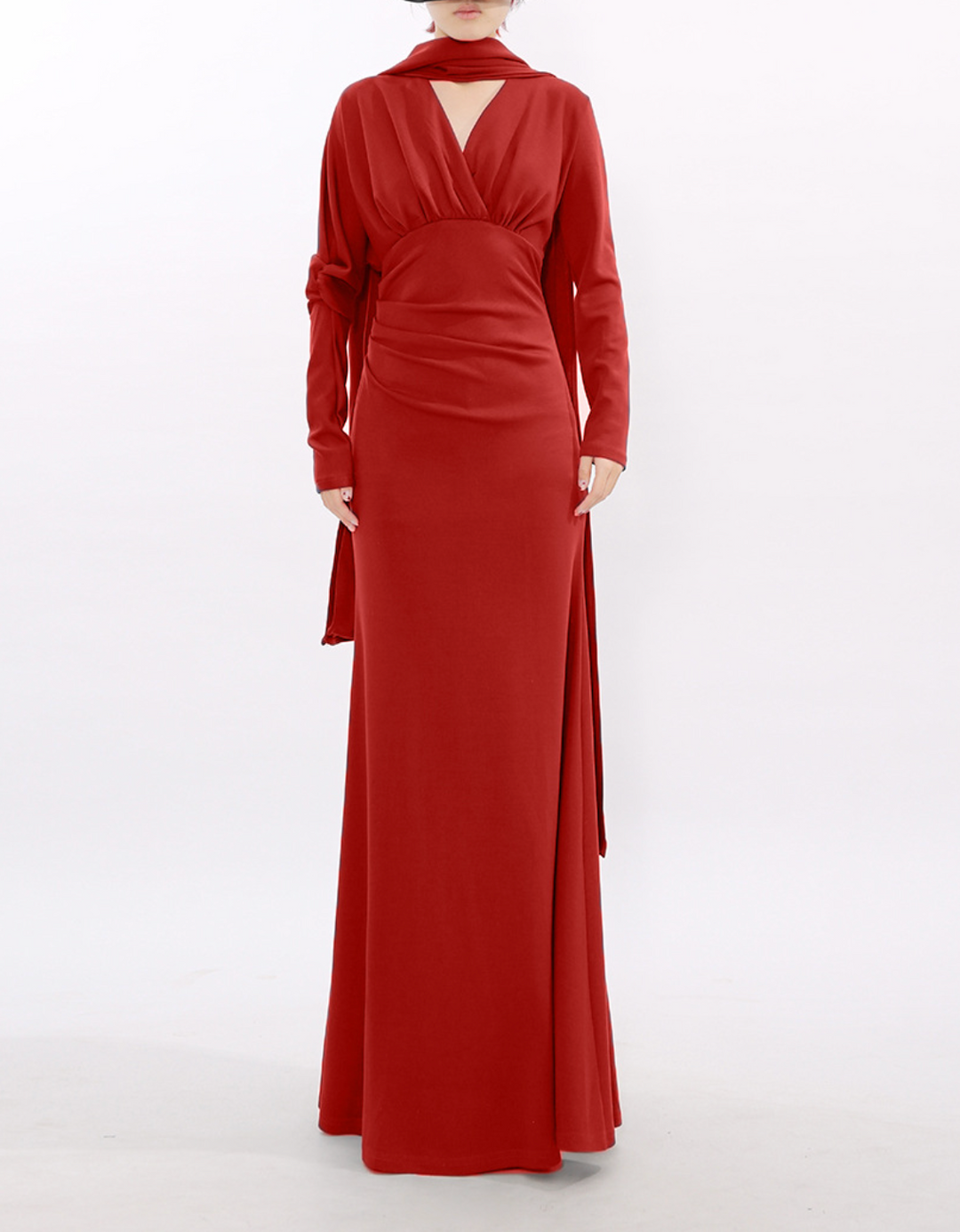 long-sleeve draped maxi dress with scarf neckline – VEIL