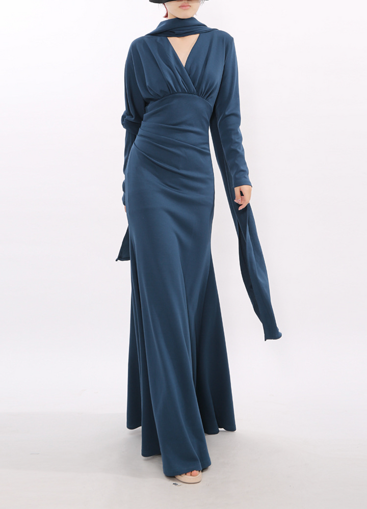 long-sleeve draped maxi dress with scarf neckline – VEIL