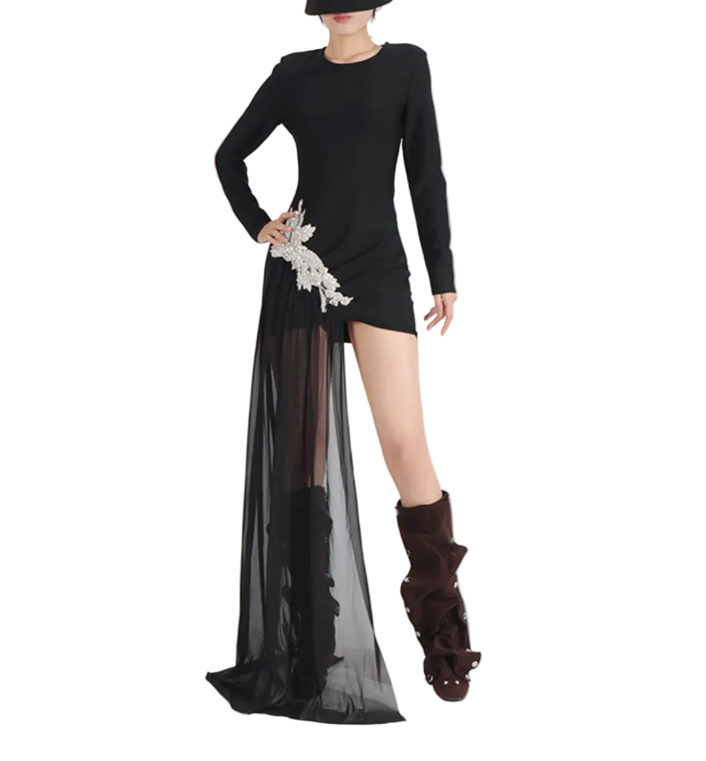 long-sleeve asymmetric mini dress with sheer draped panel – VELIA