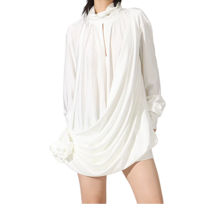 high-neck draped mini dress with gathered sleeves – IVORY