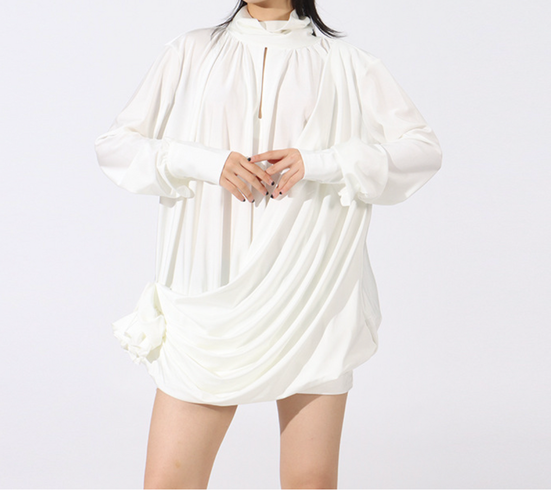 high-neck draped mini dress with gathered sleeves – IVORY
