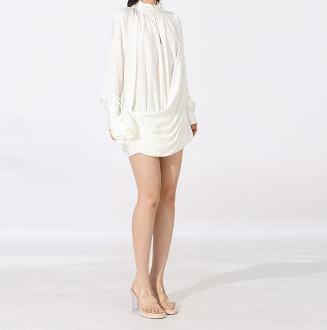 high-neck draped mini dress with gathered sleeves – IVORY