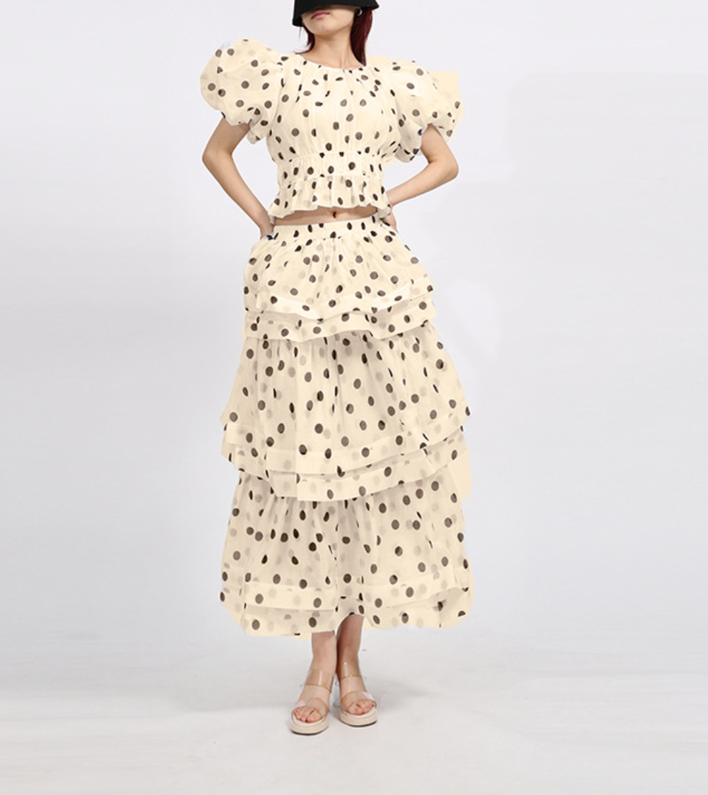 Polka-Dot Puff-Sleeve Tiered Skirt Set – LUMI