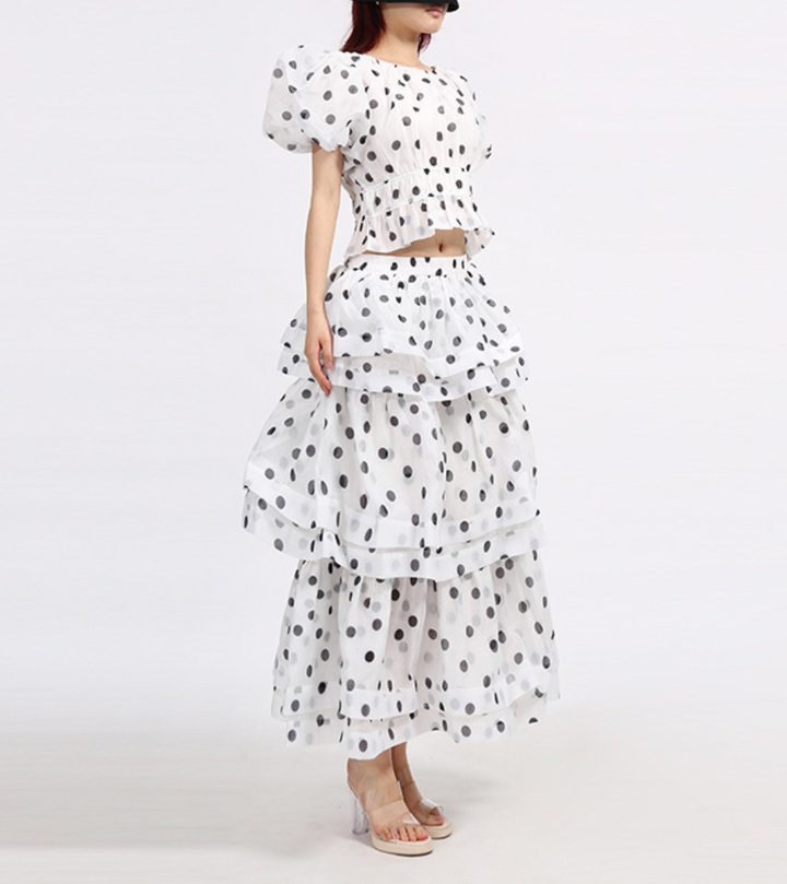 Polka-Dot Puff-Sleeve Tiered Skirt Set – LUMI
