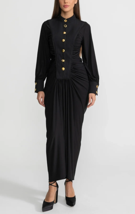 structured ruched maxi dress with gold accents – AURELIA