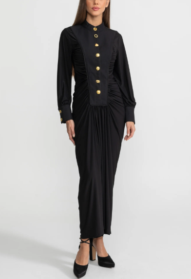 structured ruched maxi dress with gold accents – AURELIA