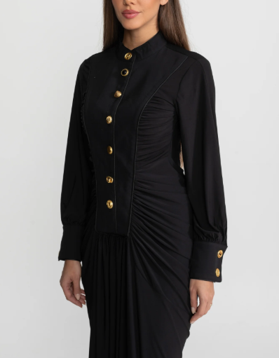 structured ruched maxi dress with gold accents – AURELIA