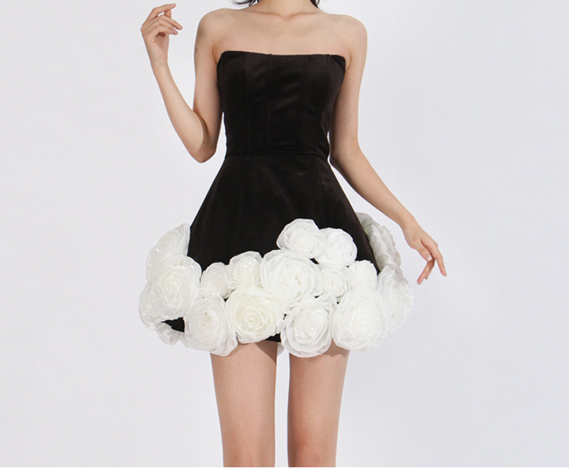 strapless mini dress with sculpted rose hem – PETAL