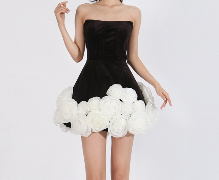 strapless mini dress with sculpted rose hem – PETAL