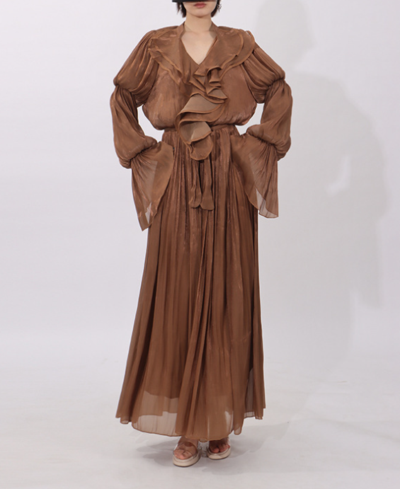 flowing chiffon maxi dress with ruffled neckline – AMBRA