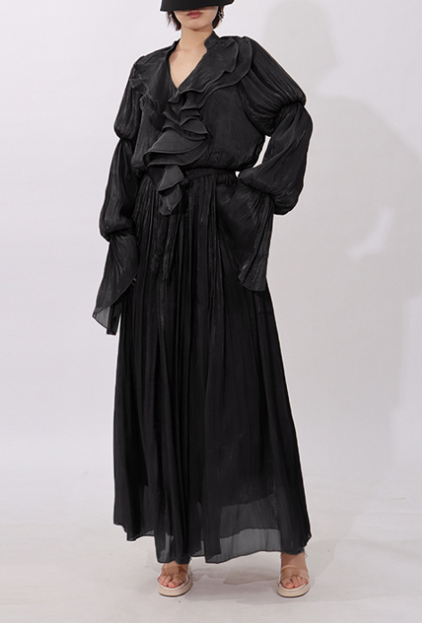 flowing chiffon maxi dress with ruffled neckline – AMBRA