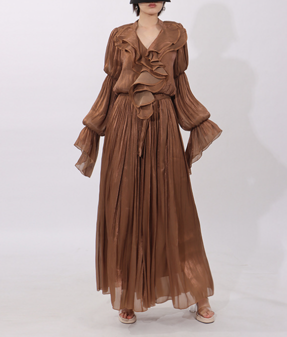 flowing chiffon maxi dress with ruffled neckline – AMBRA