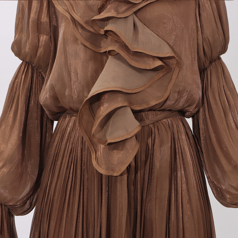 flowing chiffon maxi dress with ruffled neckline – AMBRA