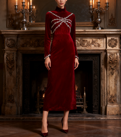 embellished velvet midi dress with crystal motif – NOCTURNE