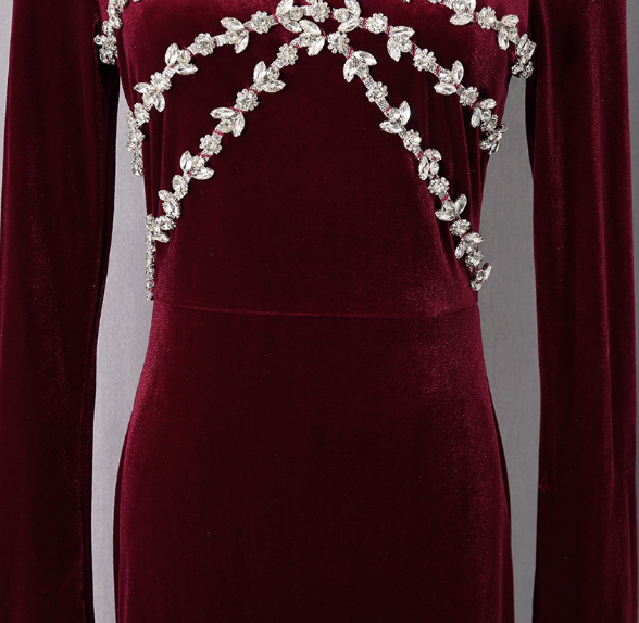 embellished velvet midi dress with crystal motif – NOCTURNE