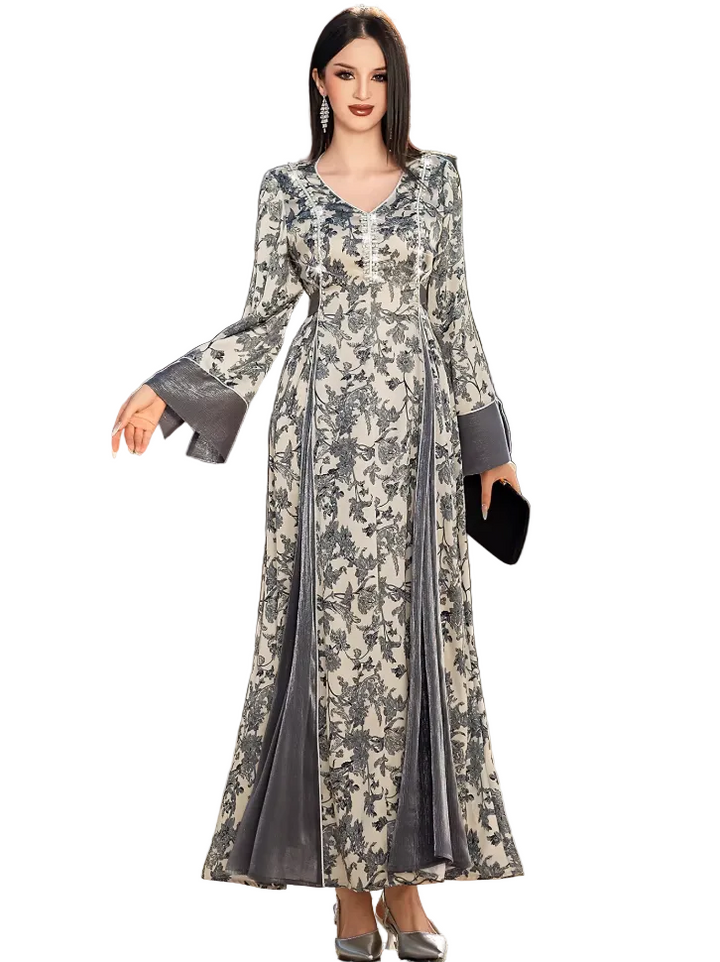 Printed Maxi Dress with Flared Sleeves and V-Neck – AURELLE