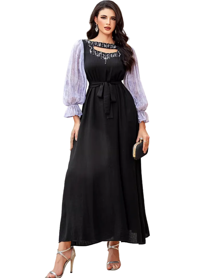 Elegant Black Maxi Dress with Sheer Puff Sleeves – ELENORA