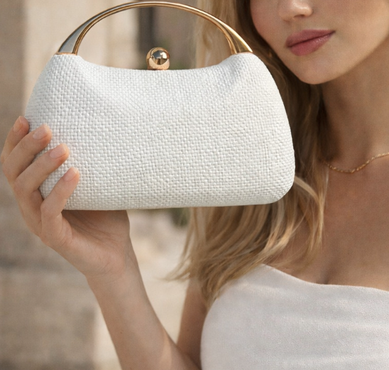 textured ivory handbag with gold arch handle – ELARA