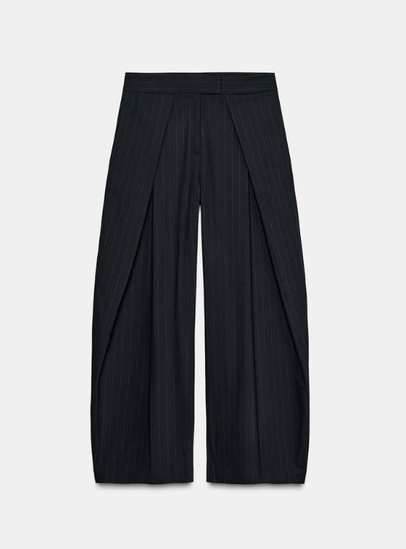 pinstripe wide-leg tailored trousers with wrap front – SNOIR