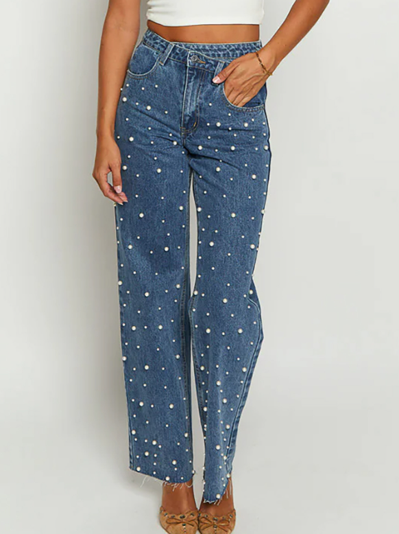 pearl-embellished straight-leg denim trousers – LUMI