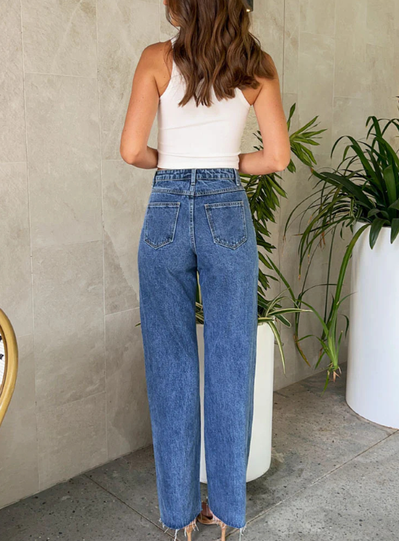 pearl-embellished straight-leg denim trousers – LUMI