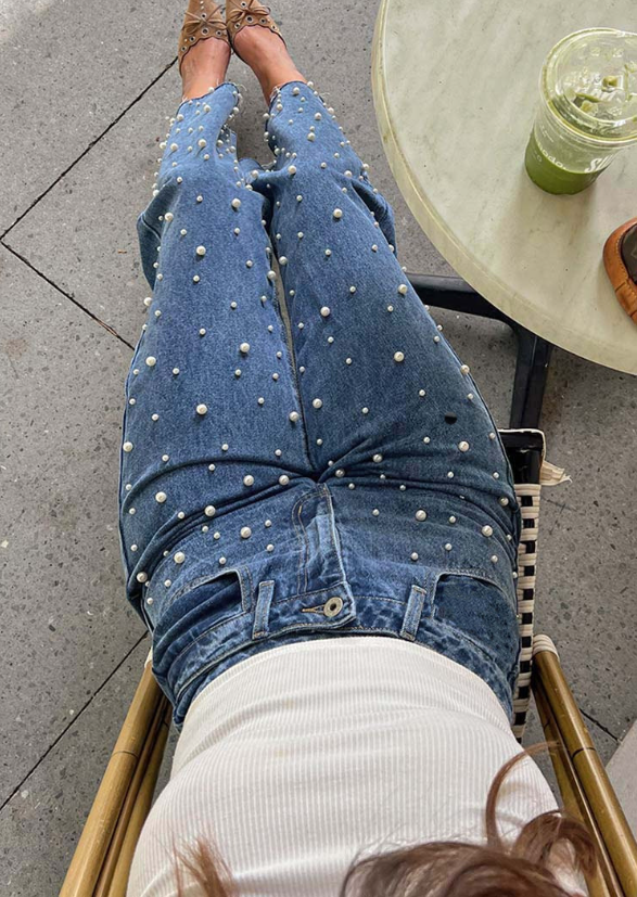 pearl-embellished straight-leg denim trousers – LUMI