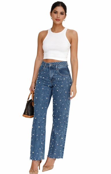 pearl-embellished straight-leg denim trousers – LUMI