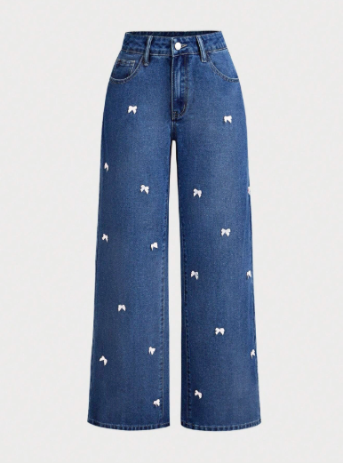 embroidered bow wide-leg denim trousers – BLISS